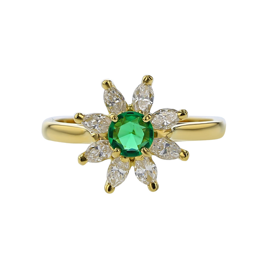 Emerald and Marquise Diamond Floral Halo Ring