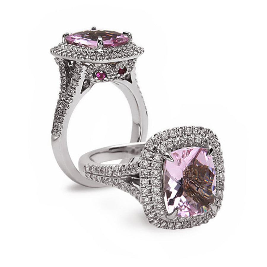Pink Morganite, Pink Sapphire and Diamond Halo Ring