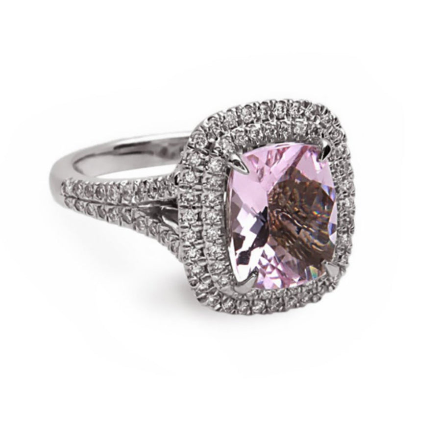 Pink Morganite, Pink Sapphire and Diamond Halo Ring