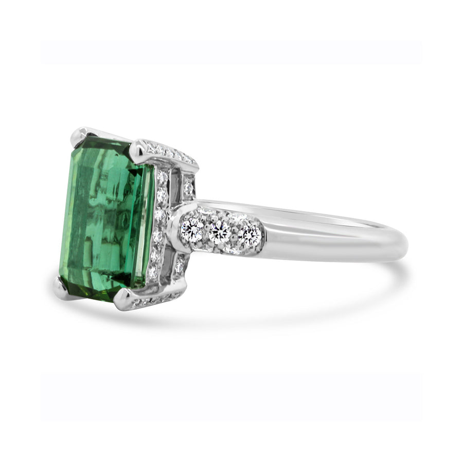 Platinum Emerald-Cut Green Tourmaline Diamond Ring