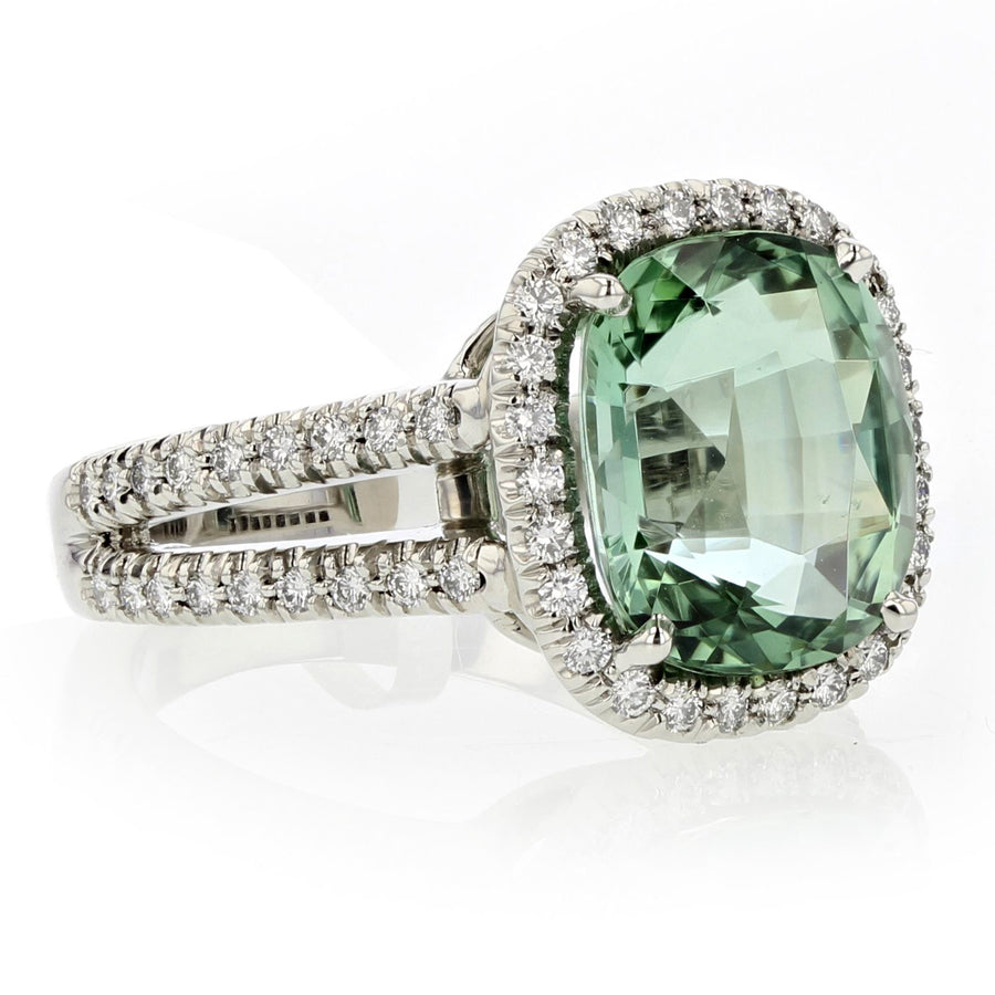 Platinum Green Tourmaline Diamond Halo Ring