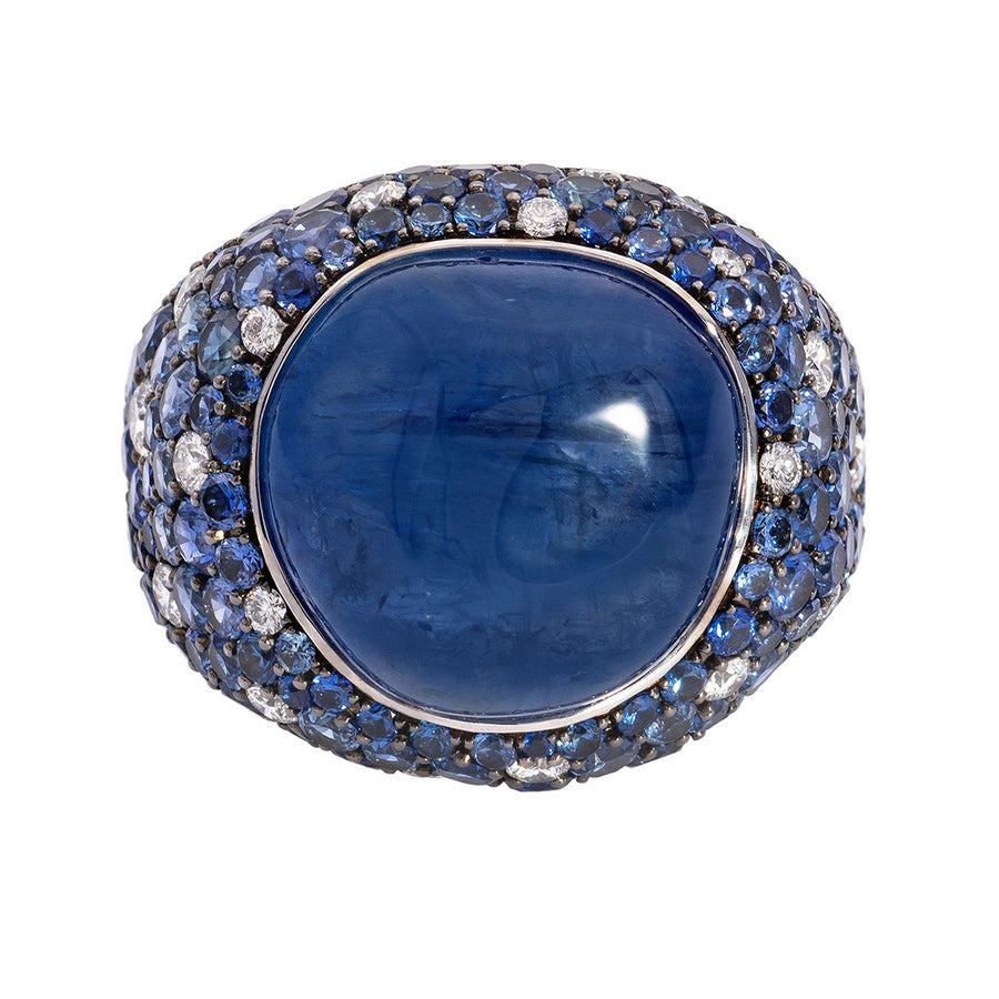 18K White Gold Cabochon Sapphire and Diamond Ring