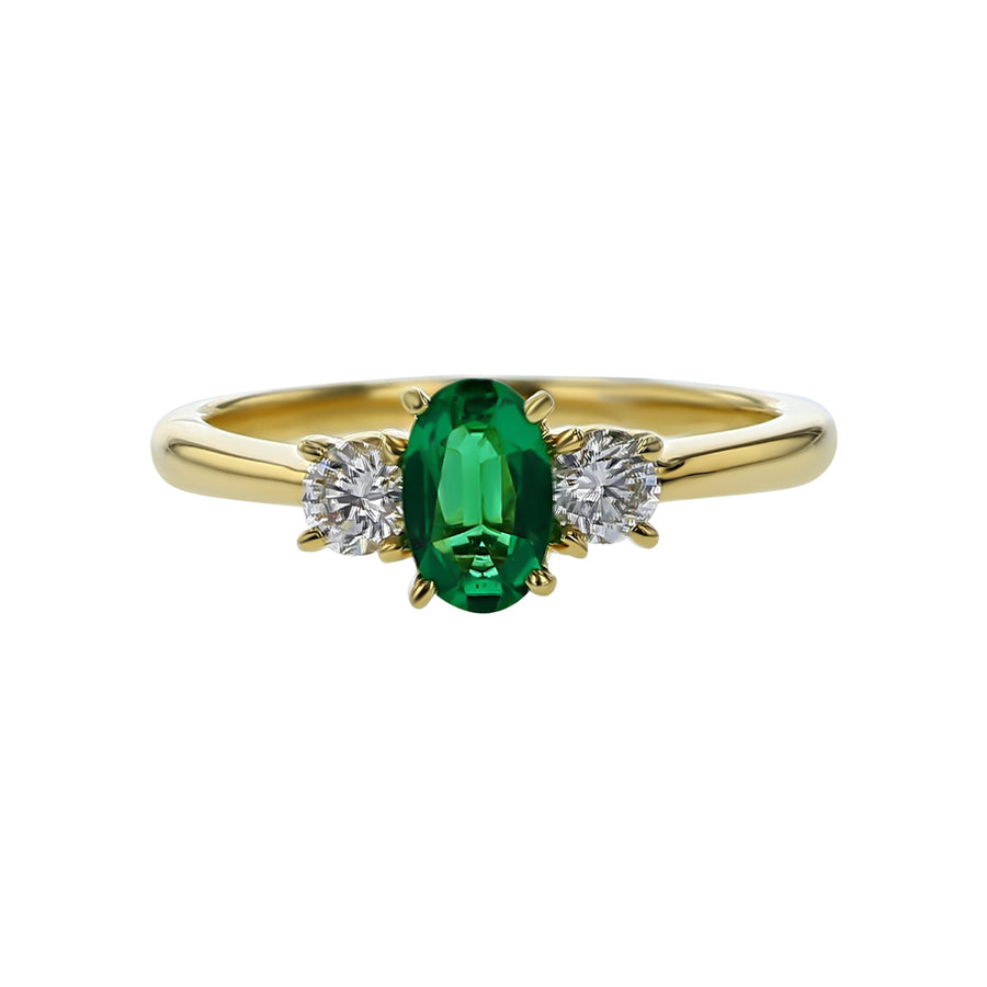 18K Yellow Gold Emerald and Diamond 3-Stone Ring