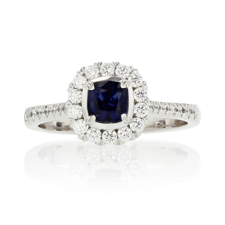 Cushion Sapphire and Diamond Halo Ring