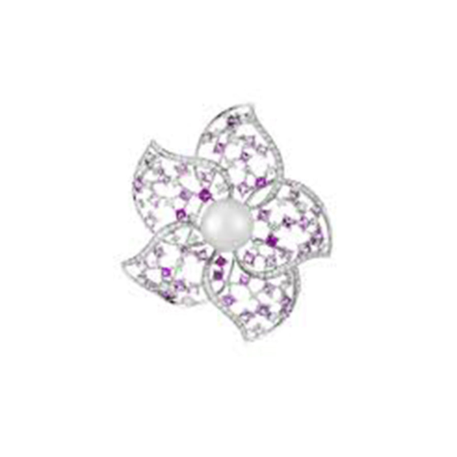 South Sea Pearl, Diamond and Pink Sapphire Flower Brooch