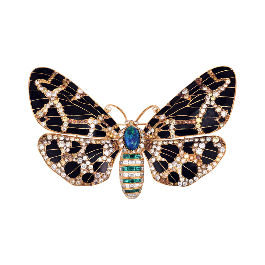 Black Opal, Diamond and Emerald Butterfly Pendant