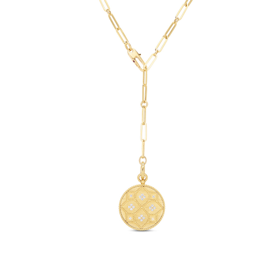 18K Venetian Princess Satin Medallion with Diamond Flower Detail on Link Chain