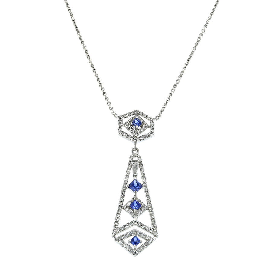 14K White Gold Sapphire and Diamond Pendant Necklace