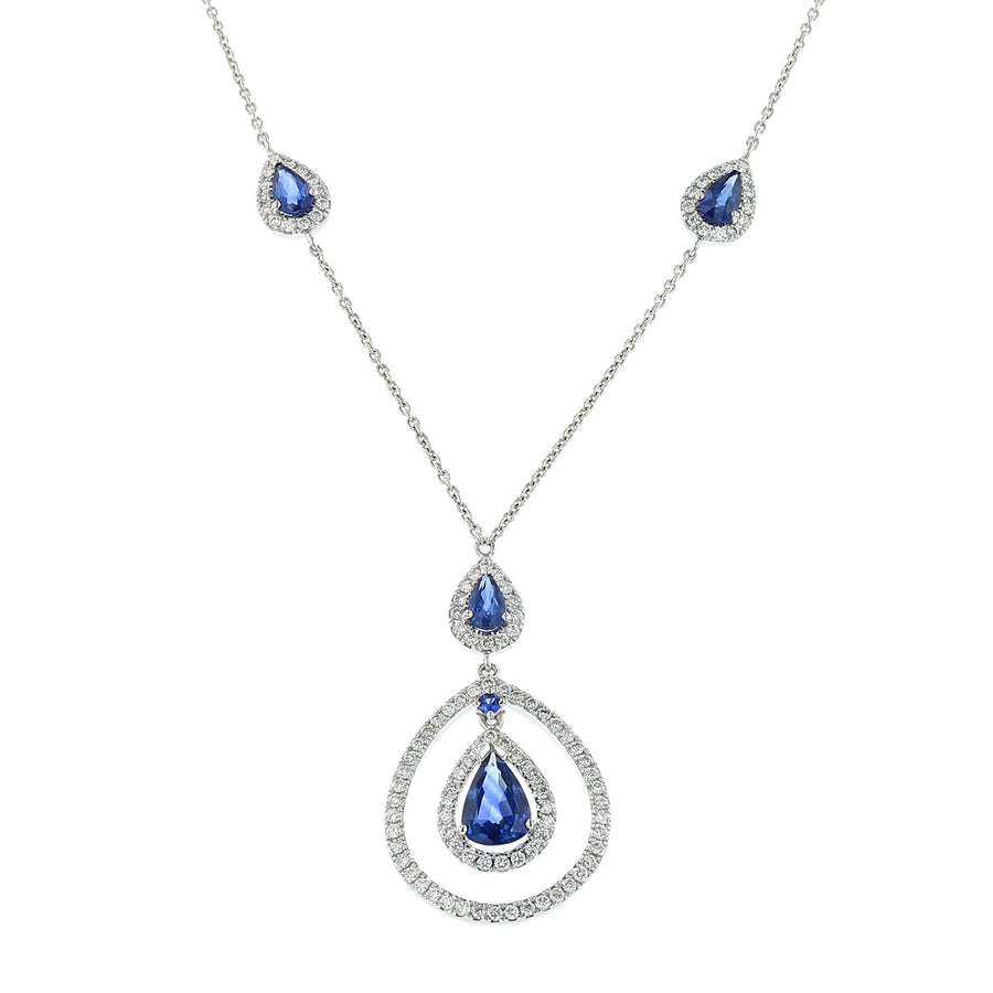 14K White Gold Sapphire and Diamond Halo Necklace