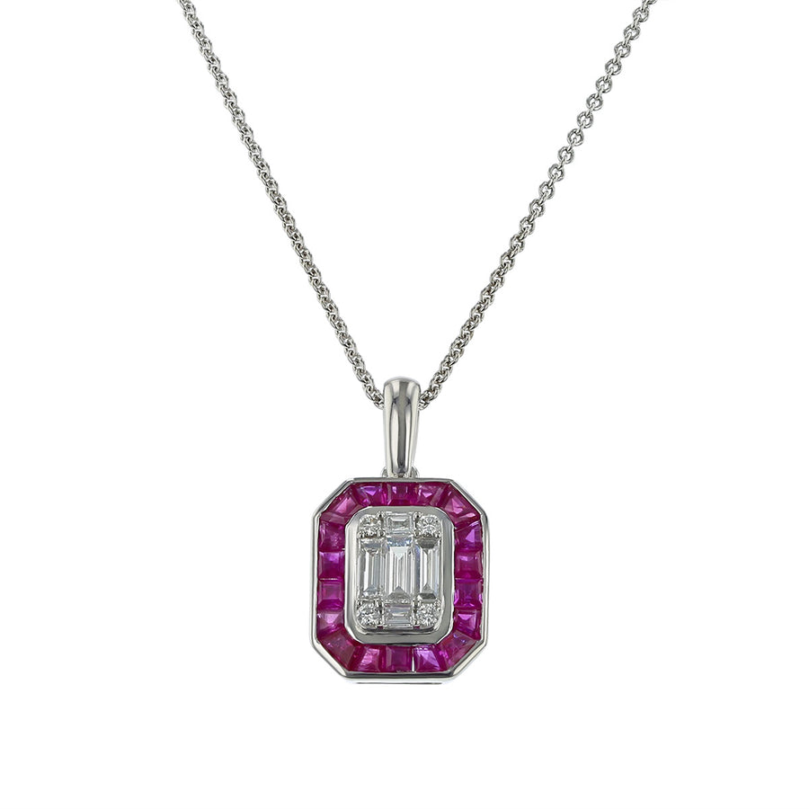 14K Gold Diamond and Ruby Halo Pendant Necklace