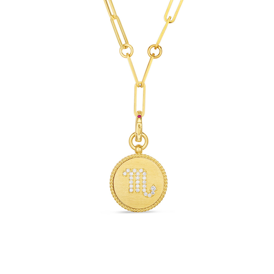 18K Diamond Scorpio Zodiac Medallion Pendant with Coin Edge on Paper Clip Chain