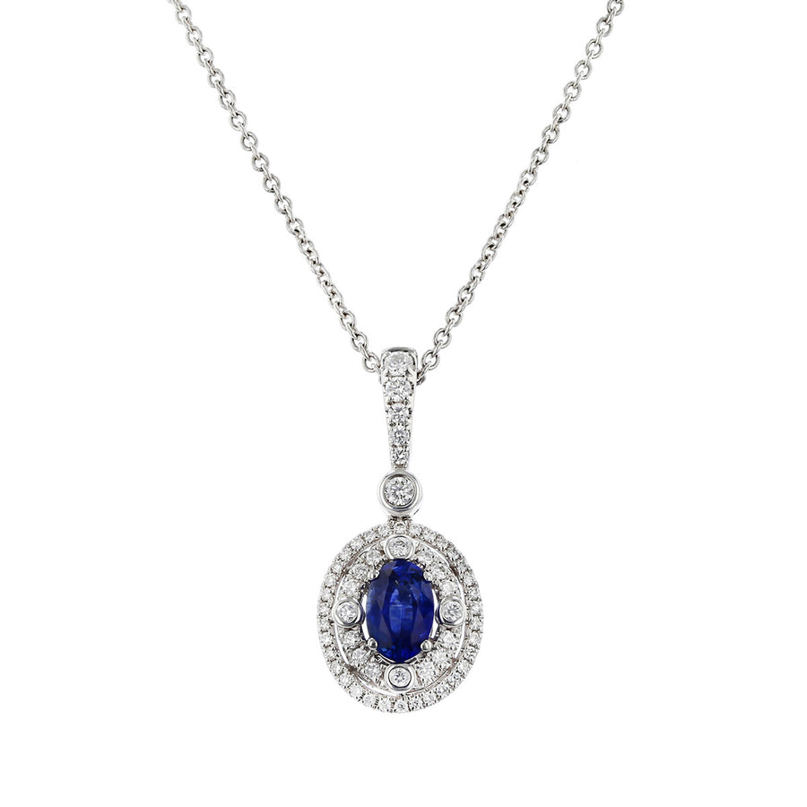 Oval Blue Sapphire Pendant with Double Halos
