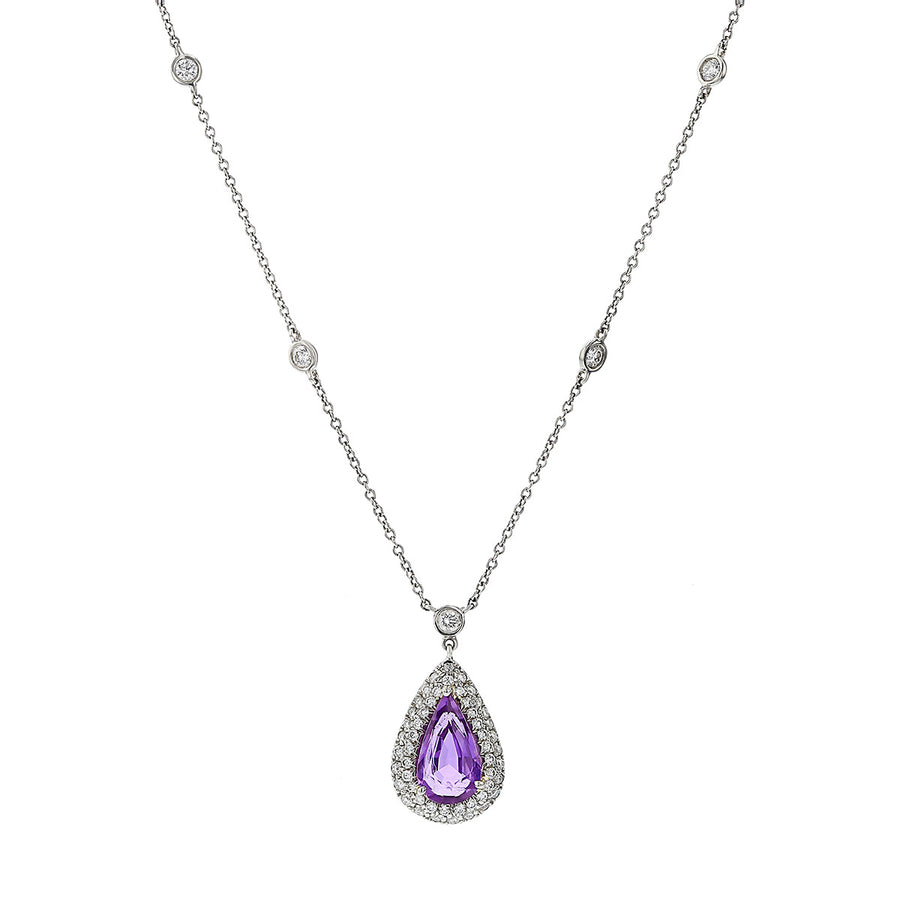 Platinum Purple Sapphire and Diamond Halo Pendant