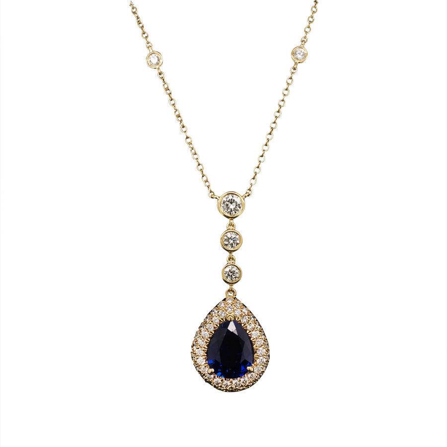 Blue Sapphire and Diamond Halo Pendant Necklace
