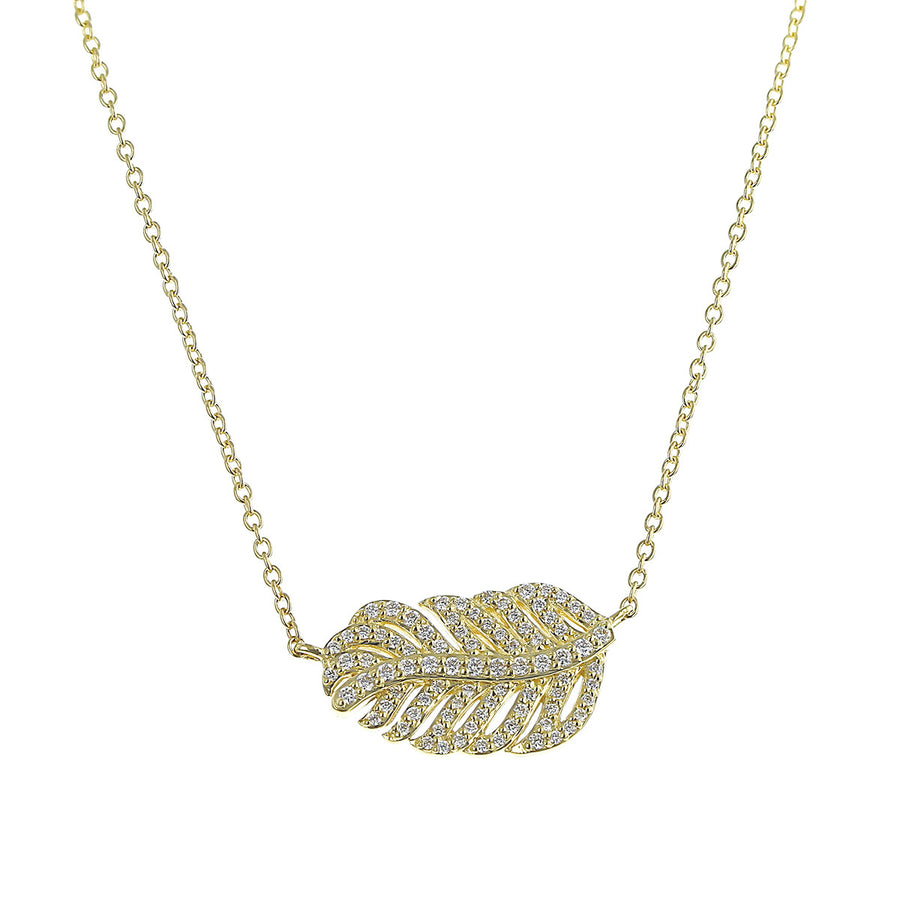 18K Yellow Gold Diamond Feather Pendant Necklace