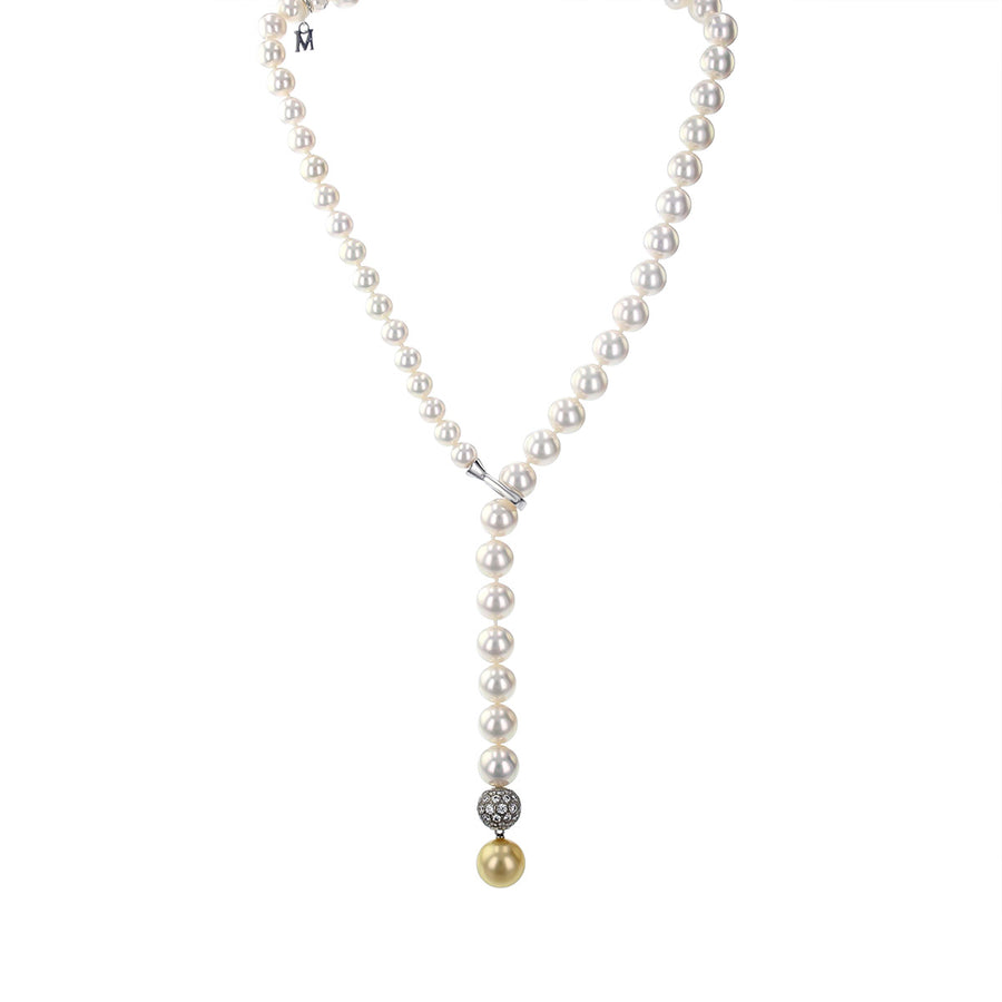 Akoya Pearl Lariat with Diamond Ball and Golden South Sea Pearl