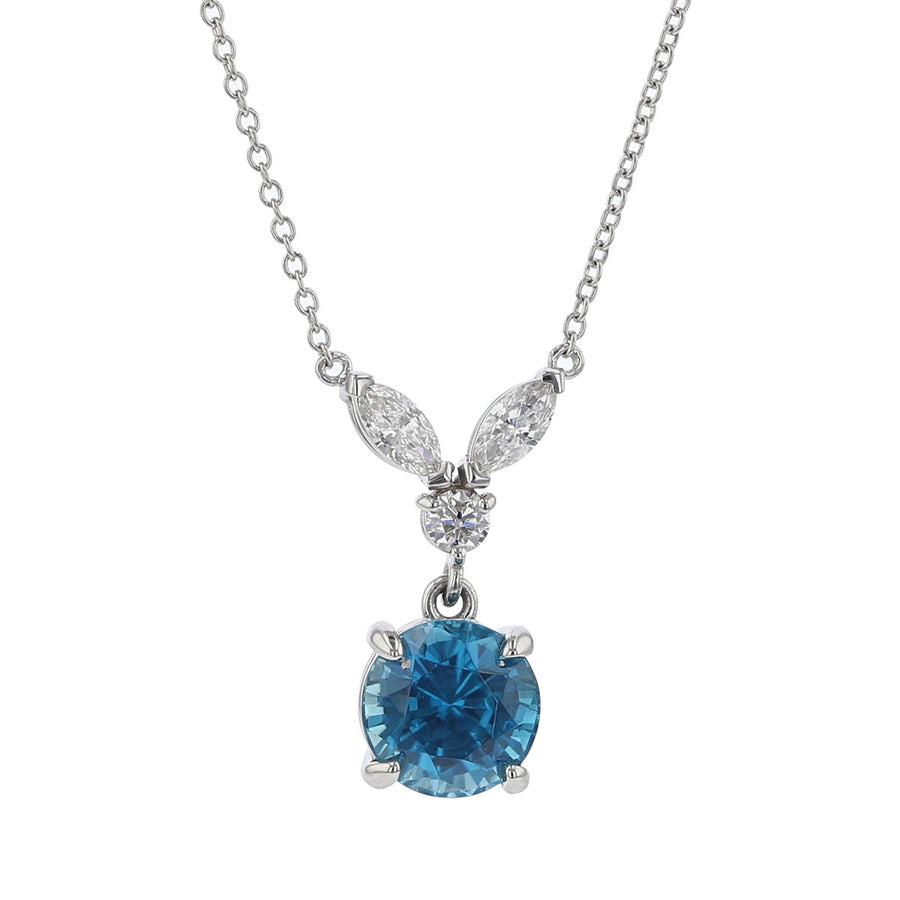 Platinum Cambodian Blue Zircon and Diamond Necklace