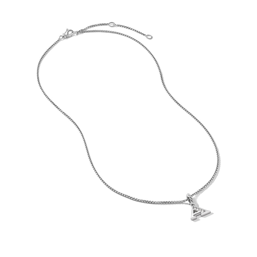 Pave Initial Pendant Necklace in Sterling Silver with Diamond A