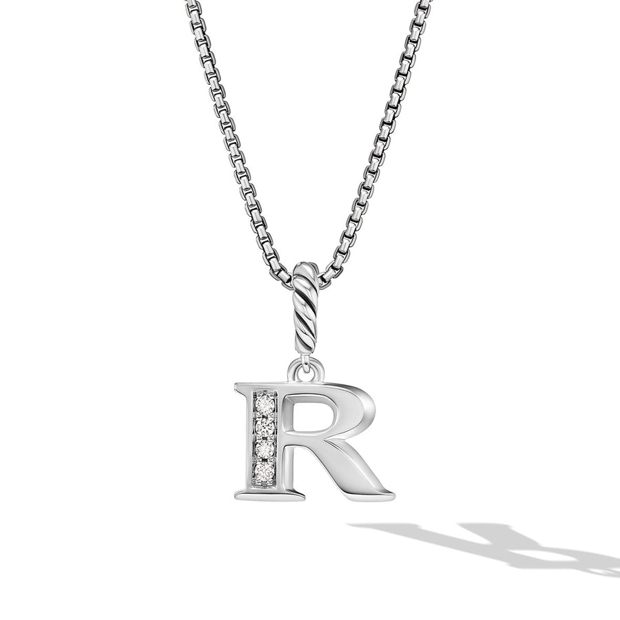 Pave Initial Pendant Necklace in Sterling Silver with Diamond R