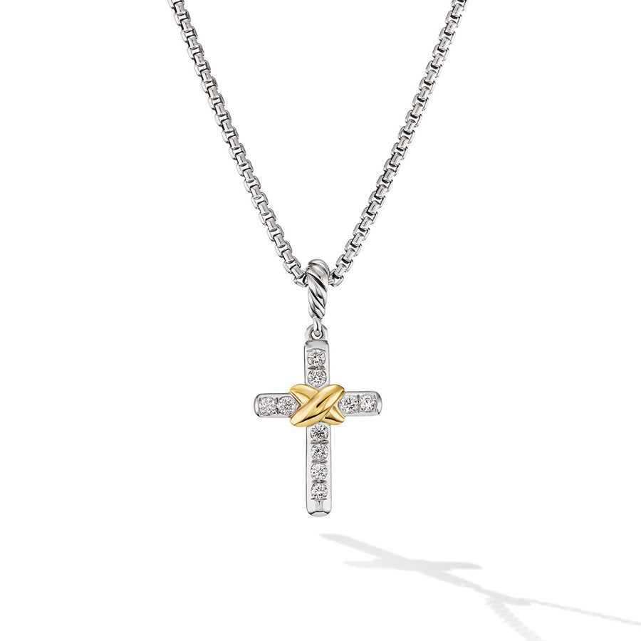 Petite Cross Necklace in Sterling Silver with 18K Yellow Gold with Diamonds