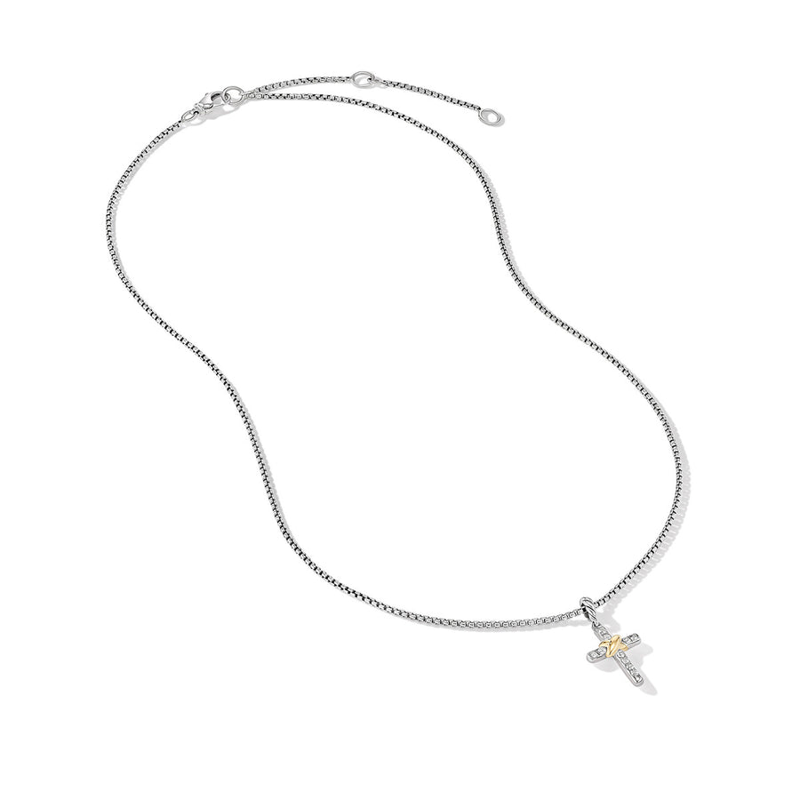 Petite Cross Necklace in Sterling Silver with 18K Yellow Gold with Diamonds