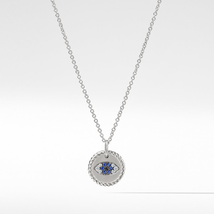 Cable Collectibles Evil Eye Necklace with Diamonds and Light Blue Sapphires in 18K White Gold