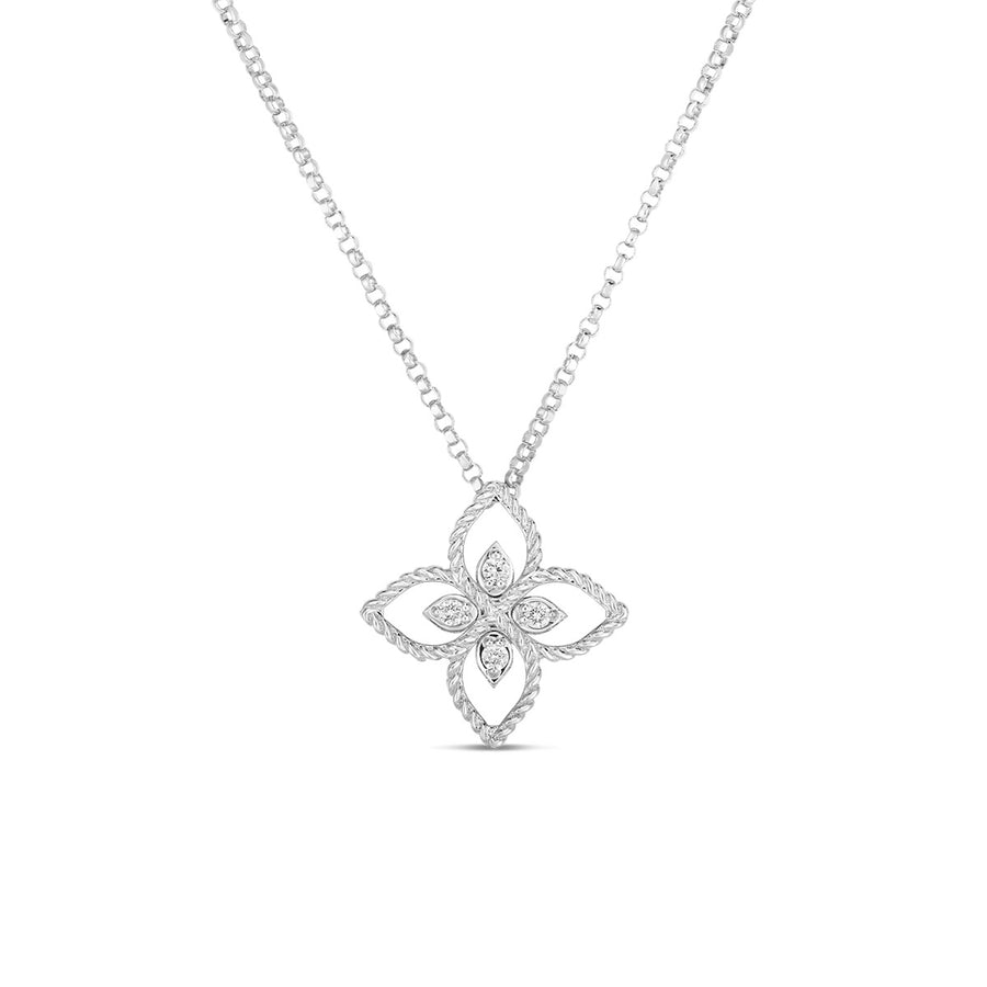 18K White Gold Principessa Small Open Flower Pendant with Diamonds
