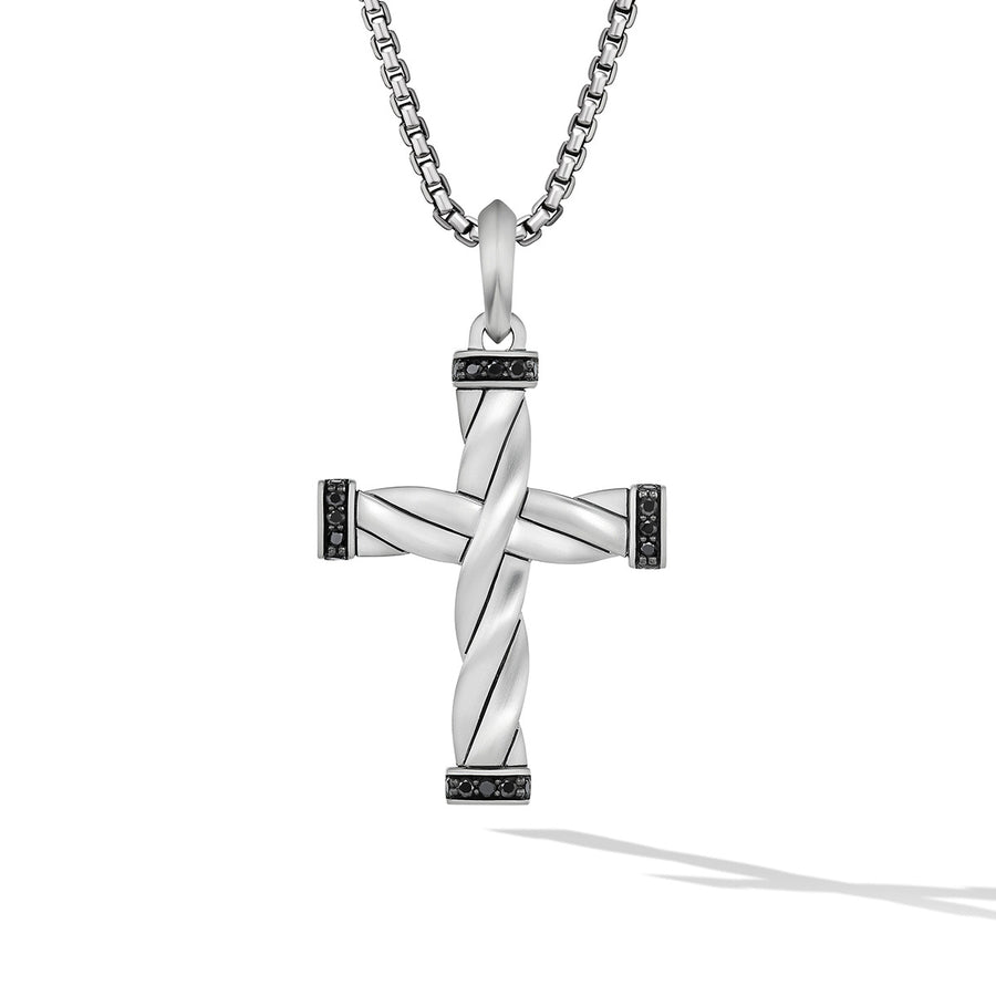DY Helios Cross Pendant in Sterling Silver with Pave Black Diamonds