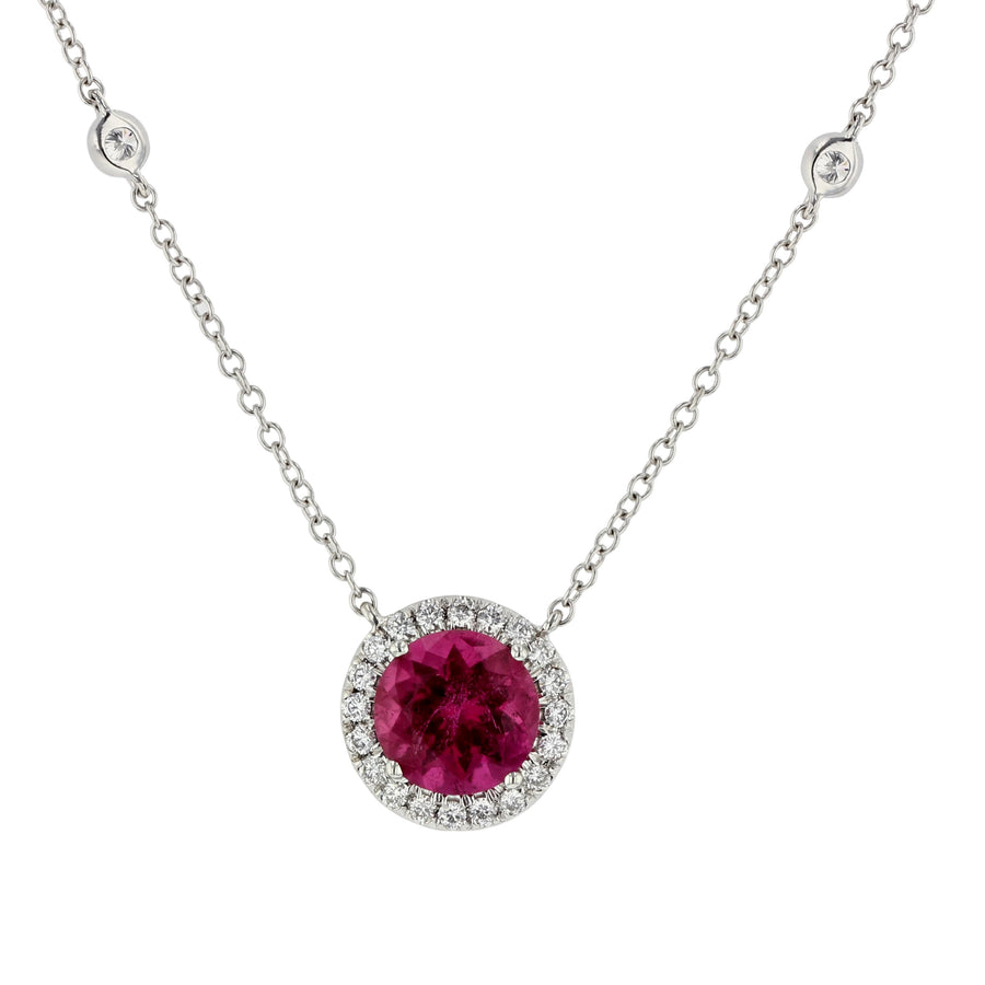 White Gold Rubellite Diamond Halo Pendant