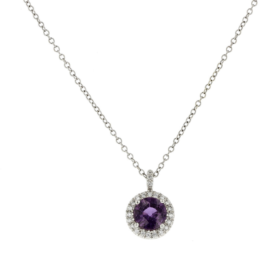 Purple Sapphire and Diamond Halo Pendant Necklace