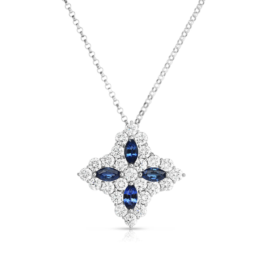 Diamond and Sapphire Large Flower Pendant on Chain