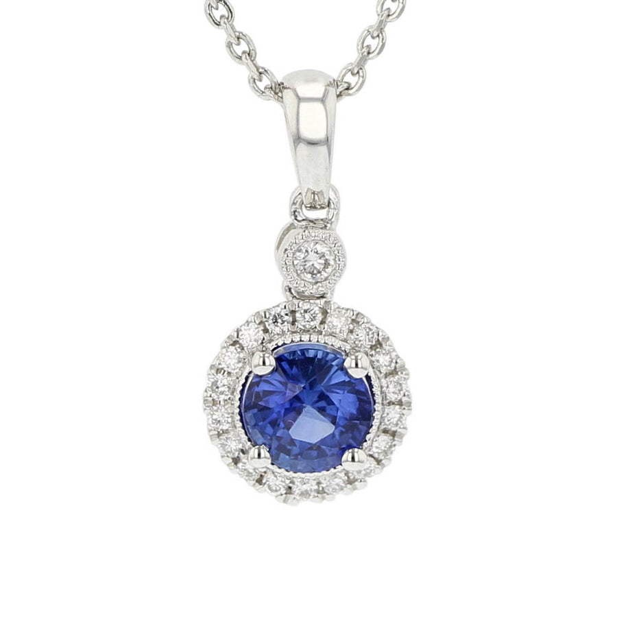 14K White Gold Sapphire with Diamonds Pendant Necklace