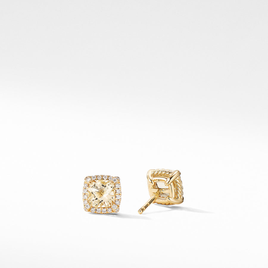 Petite Chatelaine Pave Bezel Stud Earrings in 18K Yellow Gold with Champagne Citrine