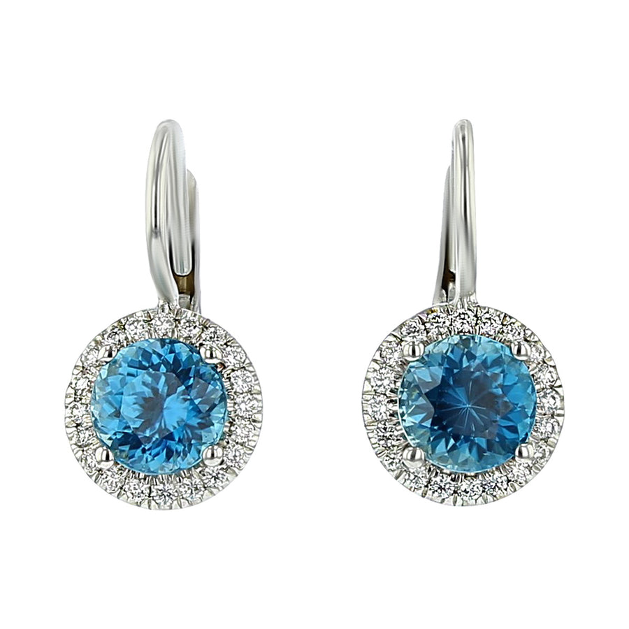 Blue Zircon and Diamond Halo Drop Earrings
