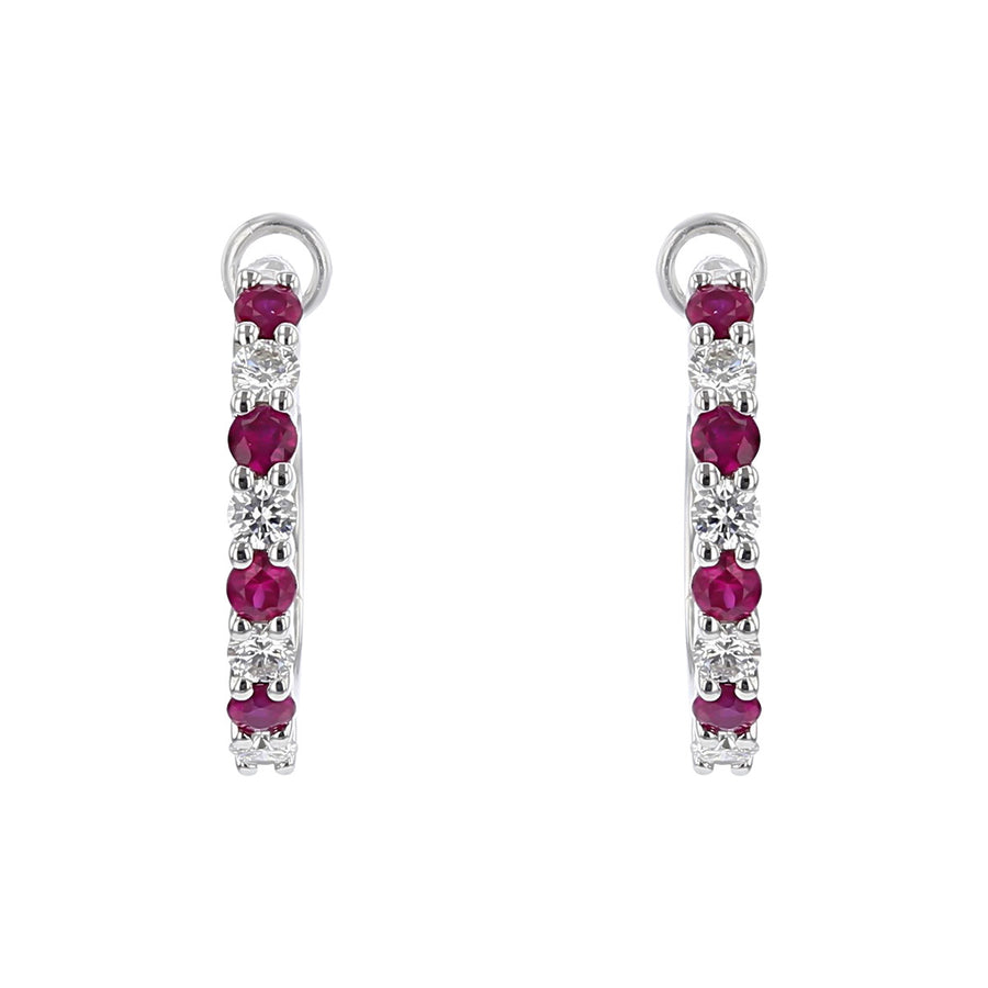 White Gold Ruby and Diamond Hoop Earrings