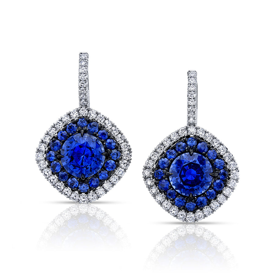 Platinum Blue Sapphire and Diamond Halo Drop Earrings