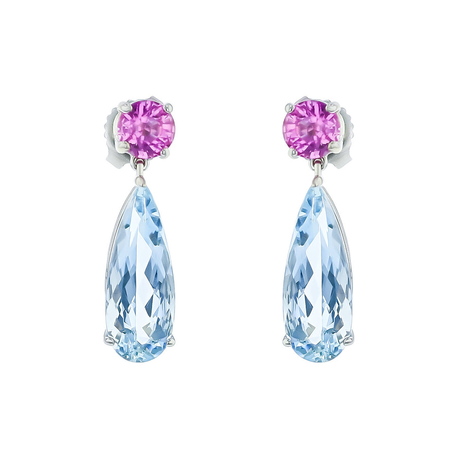 Aquamarine and Pink Sapphire Drop Earrings