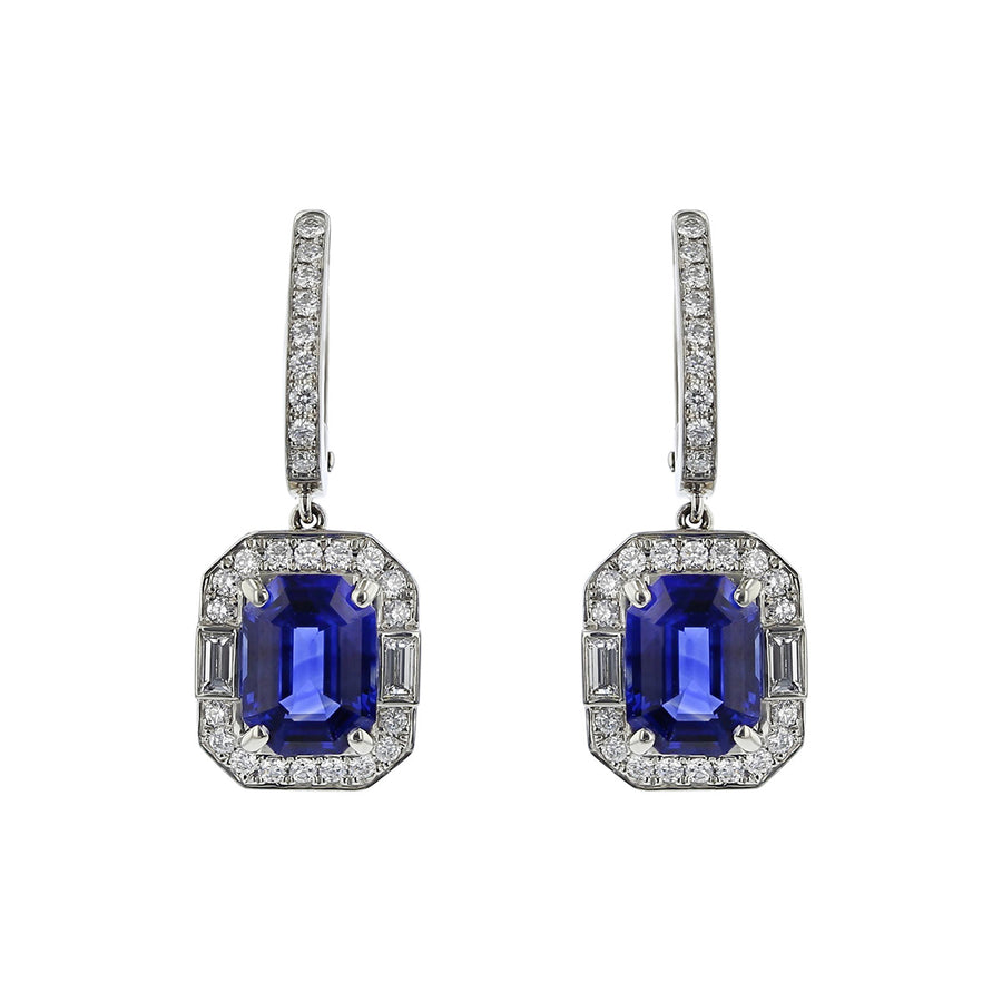 Emerald-cut Sapphire and Diamond Halo Drop Earrings