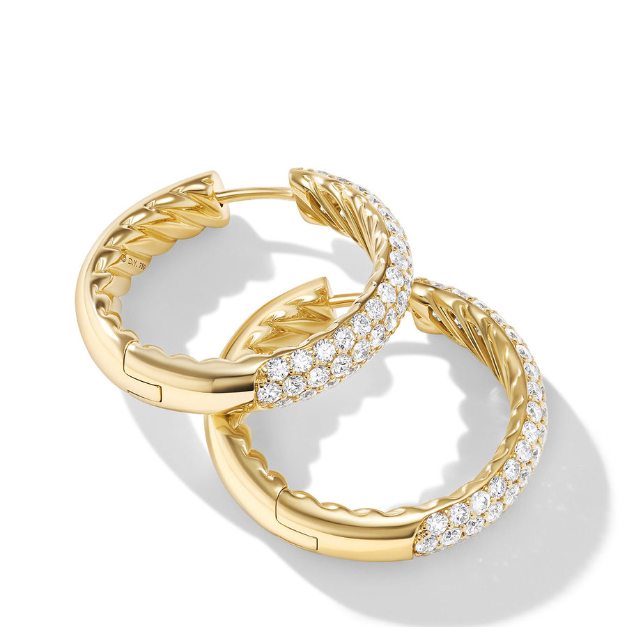 Sculpted Cable Hoop Earrings in 18K Yellow Gold with Pave Diamonds