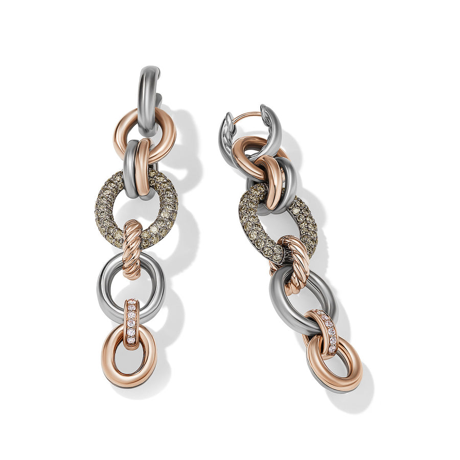 Linked Melange Drop Earrings in Sterling Silver with 18K Rose Gold and Pave Cognac Diamonds