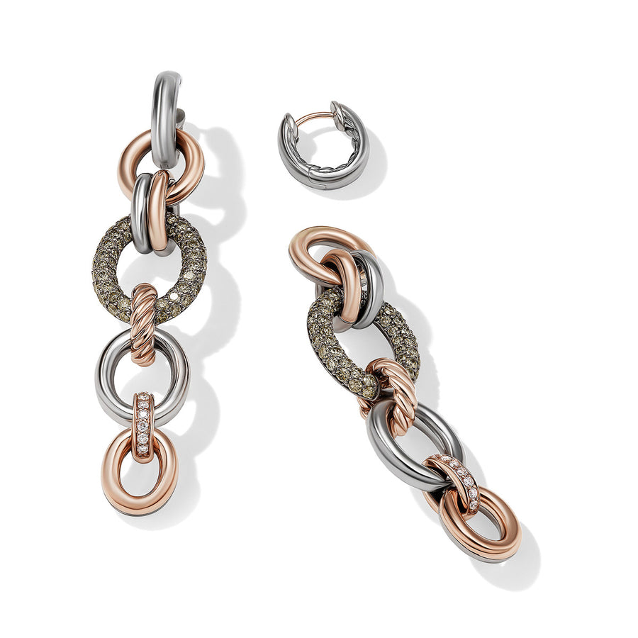 Linked Melange Drop Earrings in Sterling Silver with 18K Rose Gold and Pave Cognac Diamonds