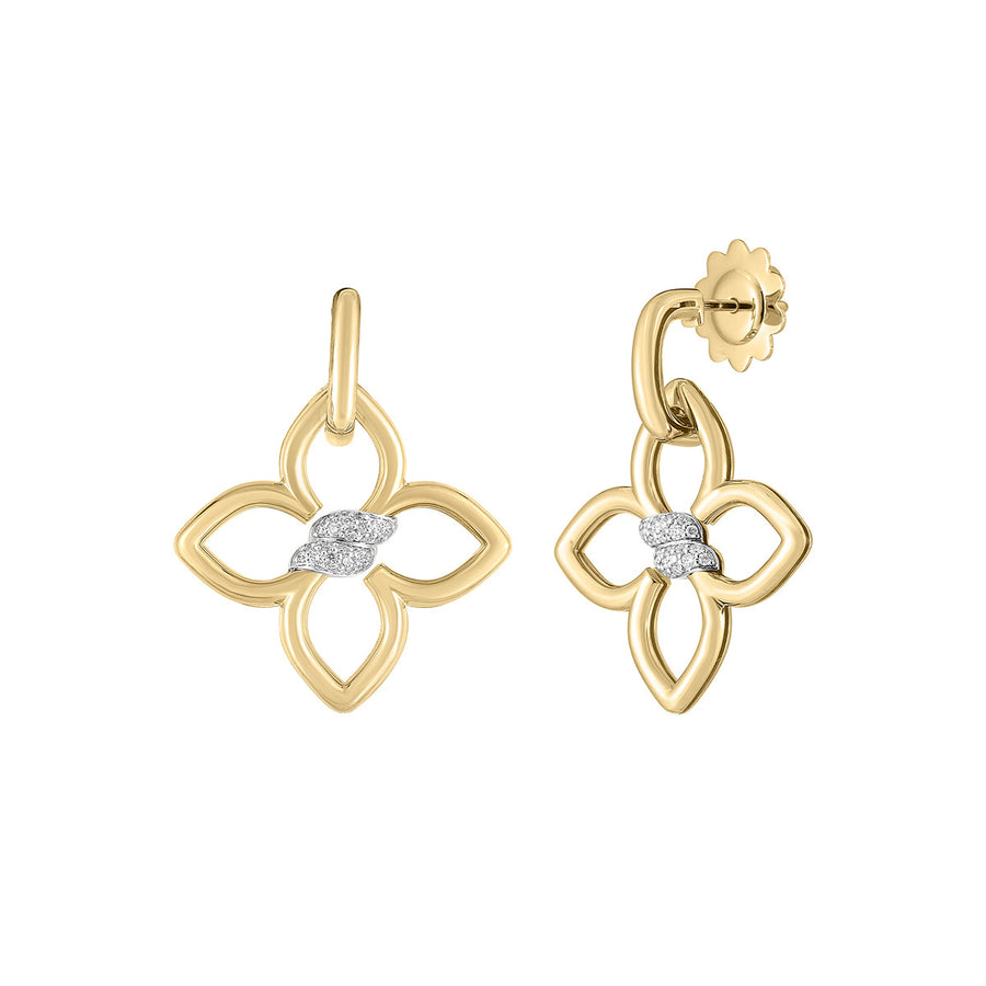 18K Yellow and White Gold Diamond Flower Drop Earrings