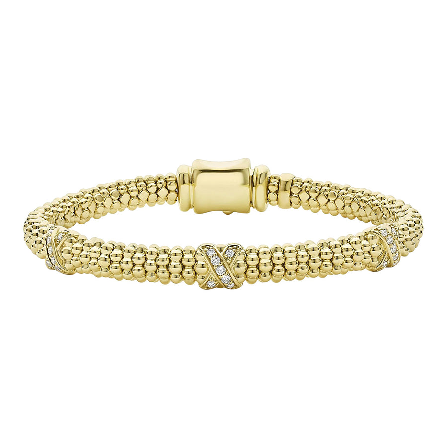 18K Gold Three Station X Diamond Caviar Bracelet
