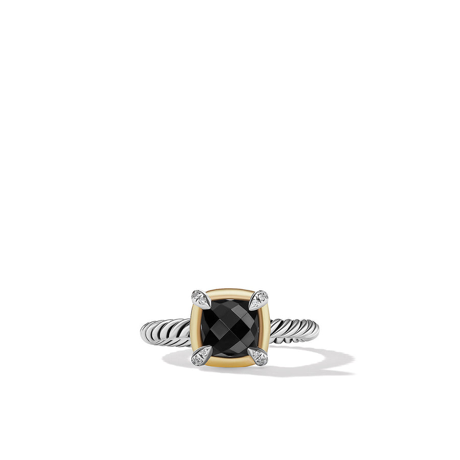 Ring with Black Onyx, 18K Yellow Gold Bezel and Pave Diamonds