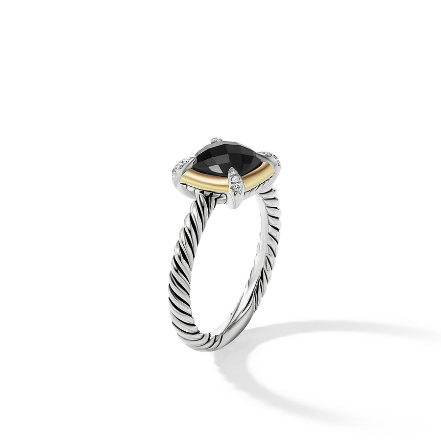 Ring with Black Onyx, 18K Yellow Gold Bezel and Pave Diamonds