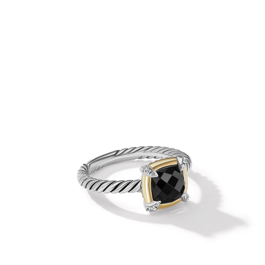 Ring with Black Onyx, 18K Yellow Gold Bezel and Pave Diamonds