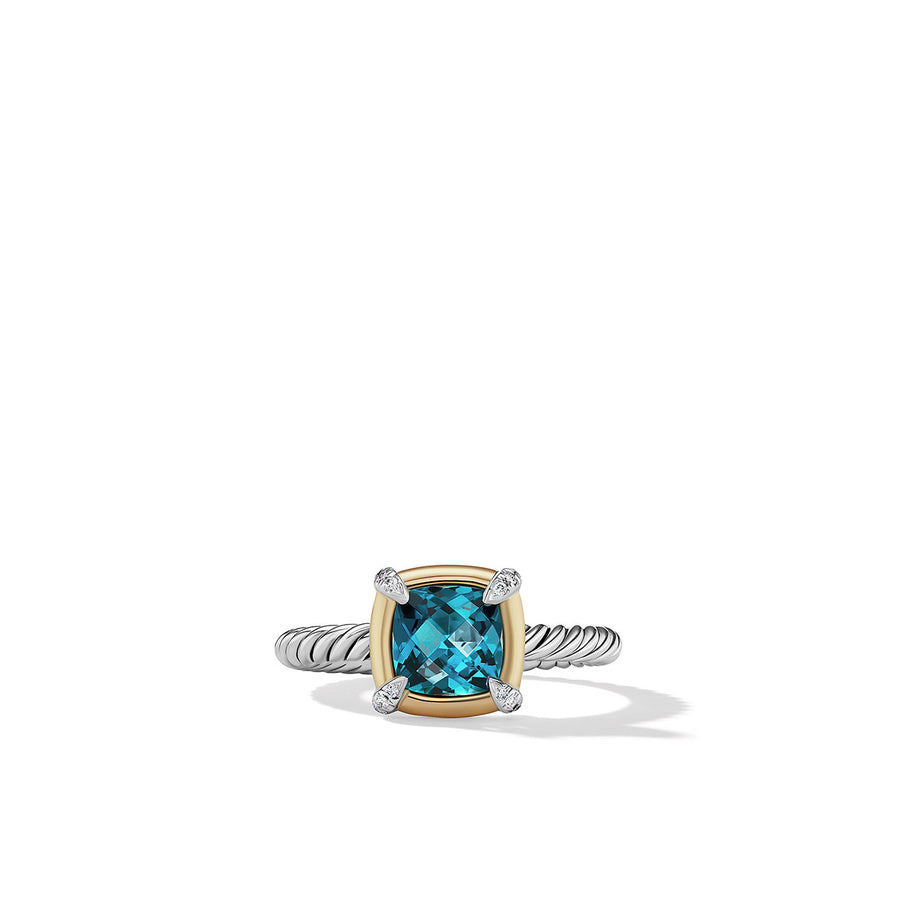 Ring with Hampton Blue Topaz, 18K Yellow Gold Bezel and Pave Diamonds
