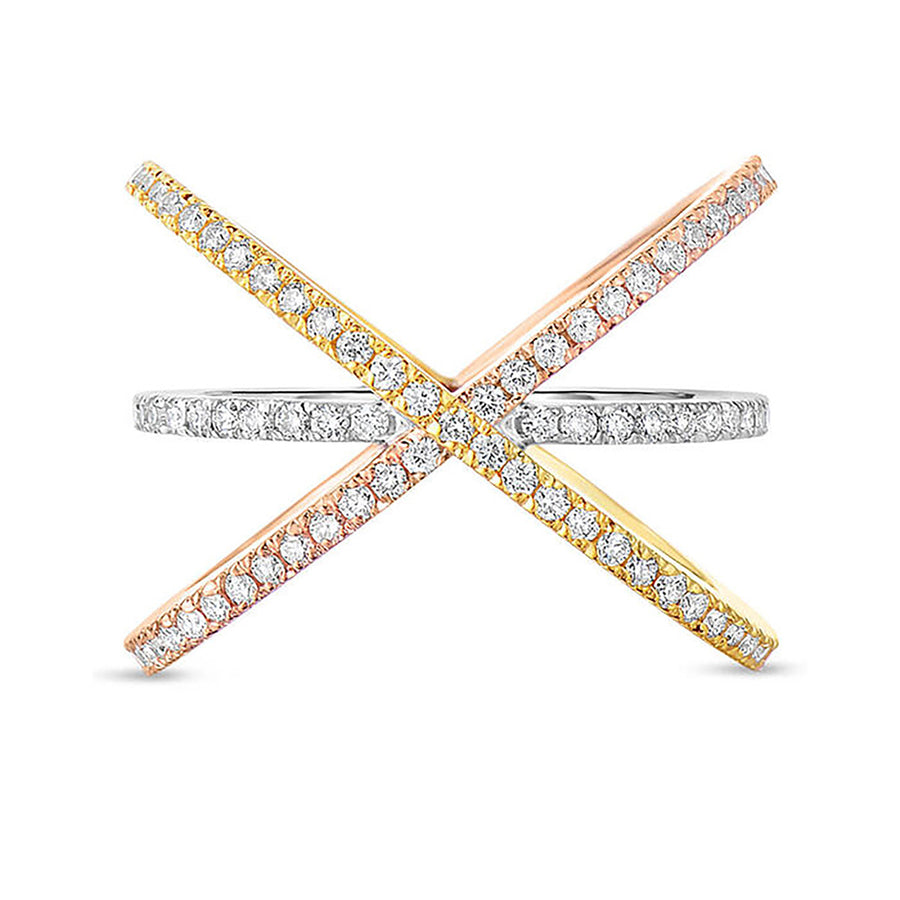 Tri-Gold Diamond Double Crisscross Ring