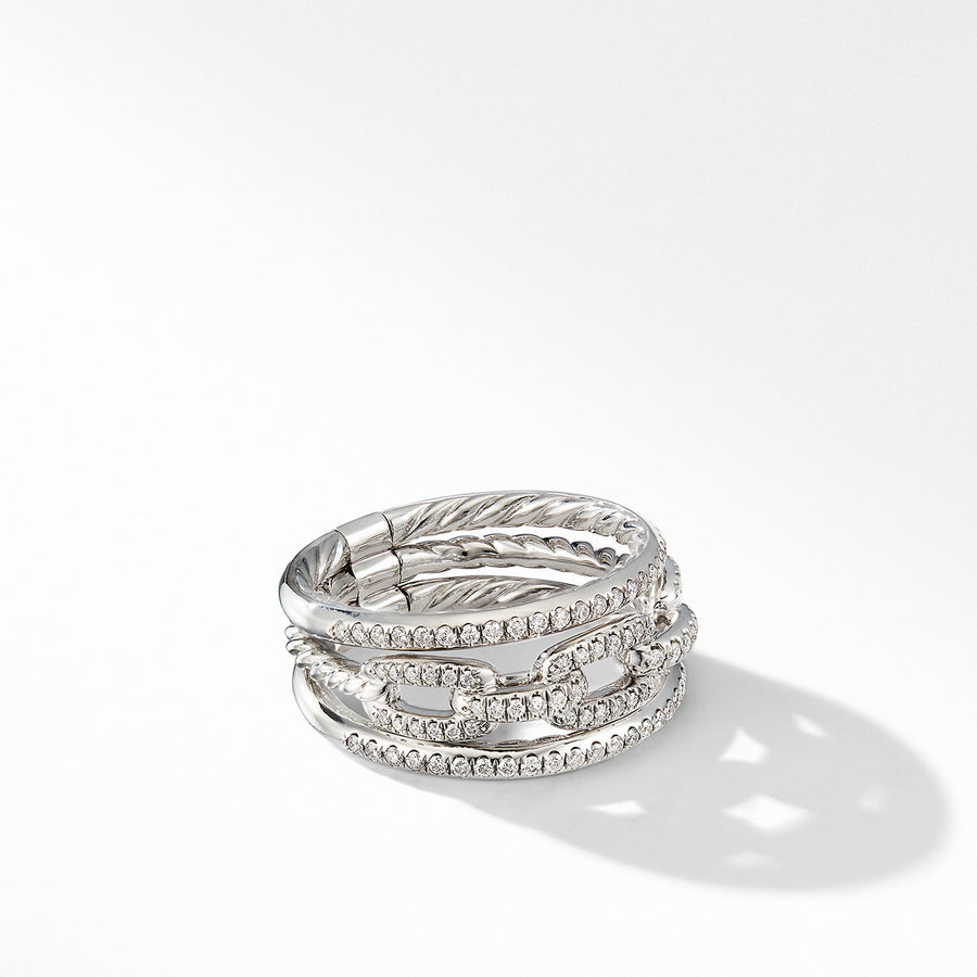 Stax Three Row Chain Link Ring in 18K White Gold and Pave Diamonds