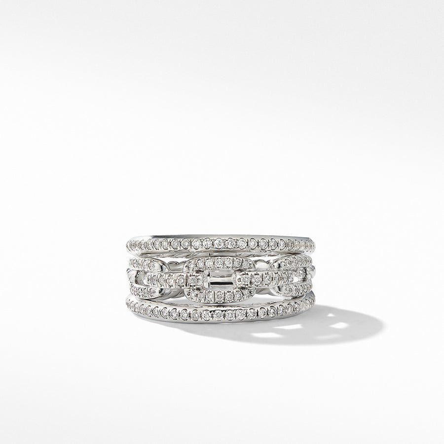 Stax Three Row Chain Link Ring in 18K White Gold and Pave Diamonds